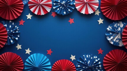 Celebrate Colors, patriotic fans and stars adorn blue background. Festivities Await