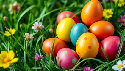 Vibrant Easter eggs in playful stack, nestled in spring green grass,   joyful,   springtime background