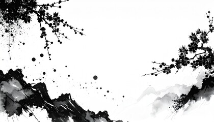 Obraz premium 墨絵抽象点と線と余白の構成