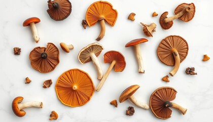 Assorted dried mushrooms on pristine white marble,  top view,  ingredient