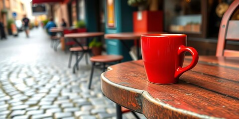 Red coffee cup sits on weathered cafe table, cobblestone street background,  street,  vibrant