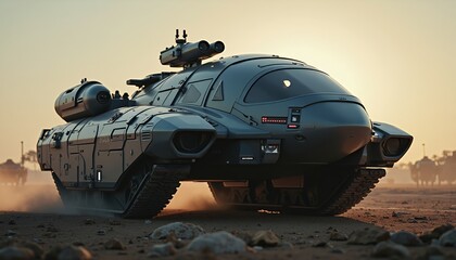 Futuristic Military Tank in Desert at Sunset