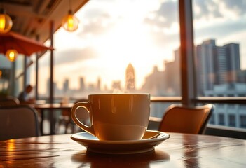 Warm morning light illuminates a steaming coffee cup on a cafe table overlooking a city skyline, building,  window view