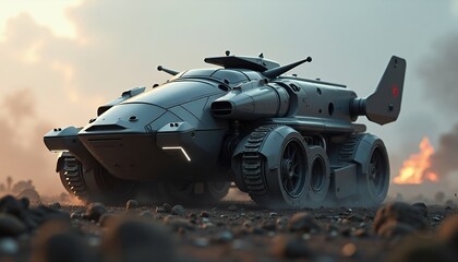 Futuristic Military Vehicle on a Battlefield