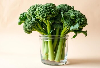 Vibrant green broccolini stalks in a clear glass jar against a beige backdrop,  minimalist,   tasty