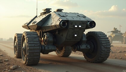 Fototapeta premium Futuristic Military Vehicle on Desert Road
