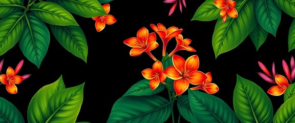 Vibrant ginger flowers and lush tropical leaves create a seamless pattern against a black backdrop,  trendy,  wrapping paper