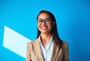 Confident professional in stylish attire against a vibrant blue backdrop, management, goal-oriented