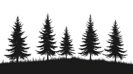 Obraz premium Silhouette of coniferous trees atop a grassy knoll against a stark white backdrop