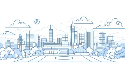 Fototapeta premium A minimalist line drawing shows a cityscape with a sports field in the foreground