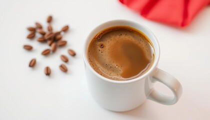 A steaming cup of americano coffee in a white mug on a white background,  design,  simple