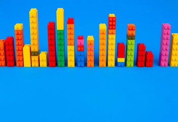 Colorful plastic building blocks forming bar graphs on a blue background, blue background, plastic