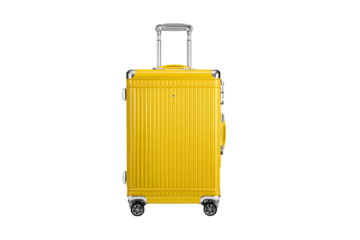Bright yellow suitcase isolated on black background.