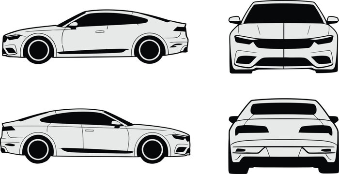 Modern sedan car views side front and rear line art illustration