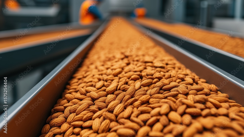 Poster close-up view of fresh almonds on conveyor belt in processing facility with workers in background