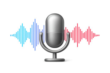 Silver microphone capturing colorful audio waves, symbolizing digital sound recording and podcasting communication technology