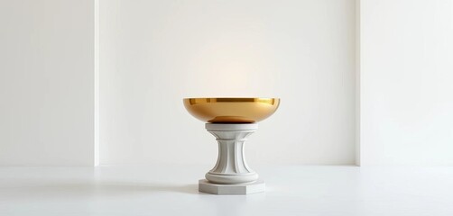 A fluted stone column supports a gleaming golden bowl in a minimalist studio setting,  texture,  ribbed