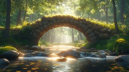 Ancient stone bridge crossing glowing forest stream images