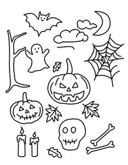 Hand drawn Halloween vector set spooky-cute outline style. Includes ghost, pumpkin, bat, skull and bones, candles, spider web, leaves and more.