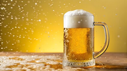 A mug of beer with splash on a wooden table