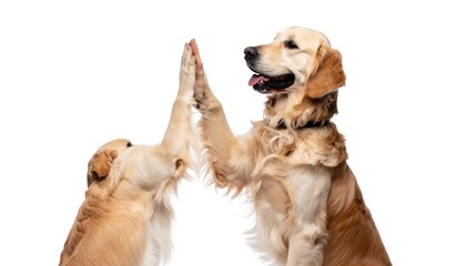 Two golden retrievers high-five