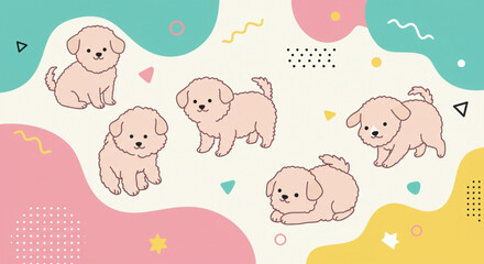 Cute cartoon puppies in various poses, set against a vibrant, abstract background.