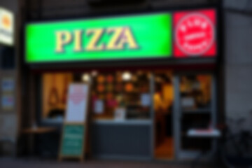 blurry photo of pizza shop at night, showing the lights and pizza logo beautifully lit, typical italian food, wallpaper.
