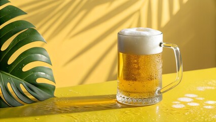 A mug of beer with a tropical leaf on a yellow table