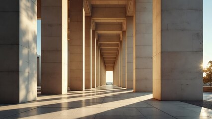 Obraz premium Architectural Sunlight Corridor With Repeating Stone Pillar Structure Perspective