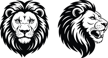 Fototapeta premium Powerful lion head front and side profile black and white vector illustration