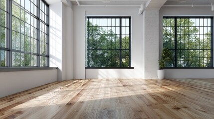 Obraz premium Sunlit empty room with hardwood floors and large windows showing trees