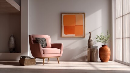 Pink armchair in modern living room with orange artwork plants and wooden accents