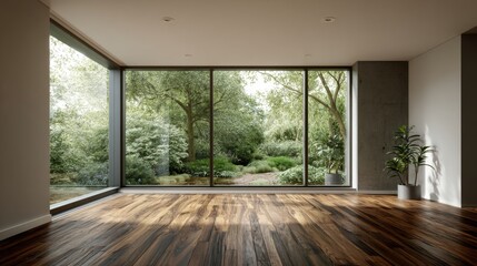 Modern room with large window showcasing lush garden hardwood floor potted plants