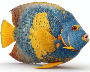Blue and Yellow Angelfish Close Up on White Background