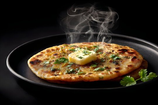 Crispy golden Indian aloo parantha with melting butter &ndash; generative AI