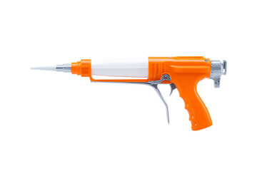 Close up of an orange and white caulking gun.