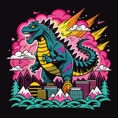 Cartoon vector illustration of a funny fantasy dragon character on a black or red background