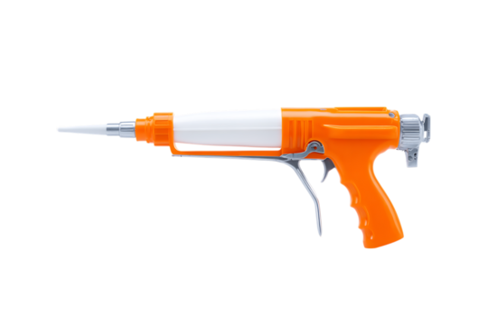 Close up of an orange and white caulking gun.