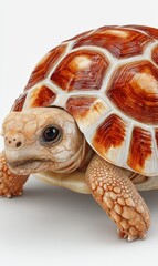 Closeup of a Young Tortoise with Reddish Brown and Creamy White Shell on White Background
