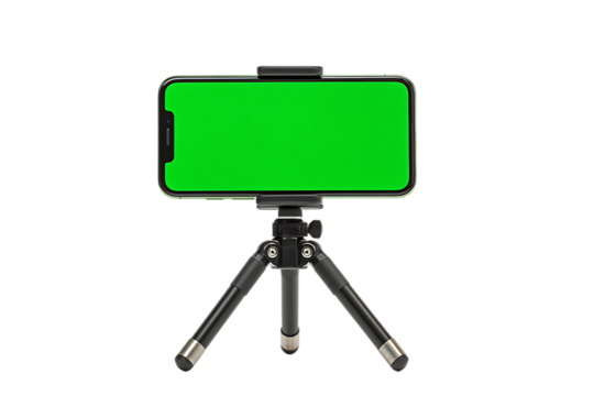 Mobile phone with green screen on a small tripod.