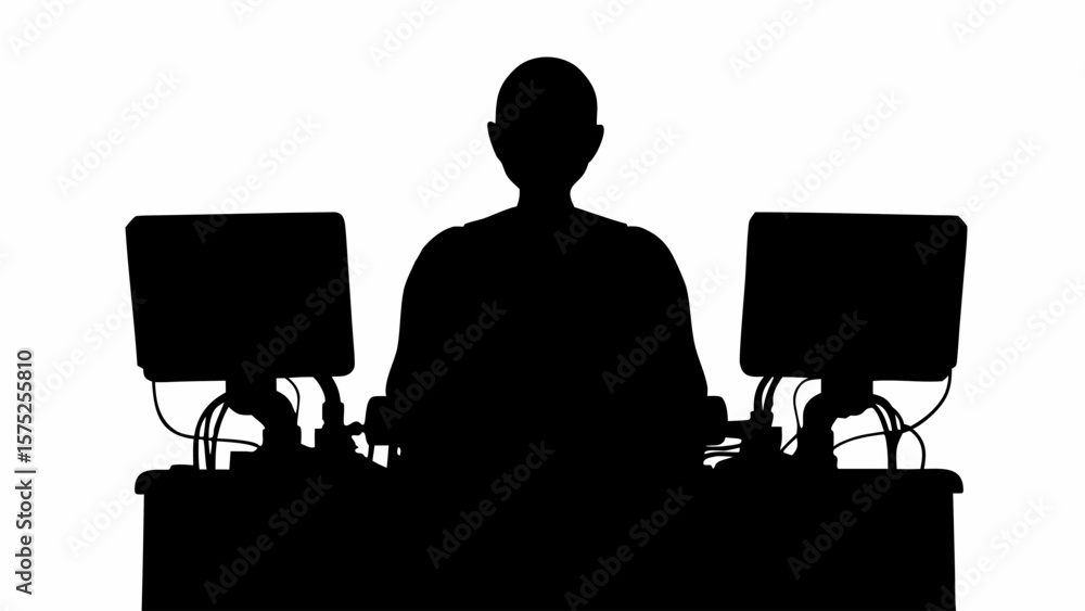 Poster silhouette of person seated at desk with two computer monitors in a dark room, facing the viewer