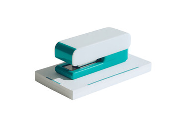 Close up of a teal and white stapler on a white surface.