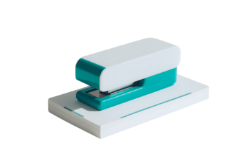 Close up of a teal and white stapler on a white surface.