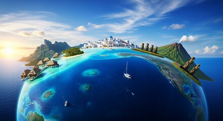 A beautiful wallpaper focused on the theme "Islands and Beaches," featuring Bora Bora, Santorini, and Easter Island on a blue globe.