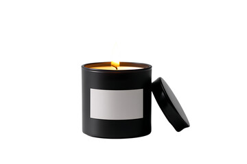 Burning candle in a black jar with a blank label.