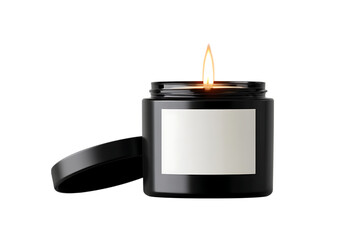 Black jar candle with blank label, lit.
