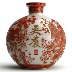 Ornate Porcelain Bottle with Red and Gold Phoenix and Floral Design