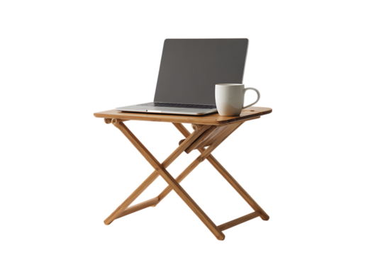 Laptop and coffee mug on a small wooden folding table. - Powered by Adobe