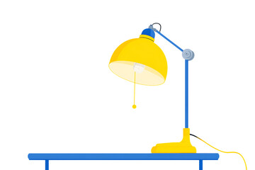 Yellow and blue desk lamp on a table.