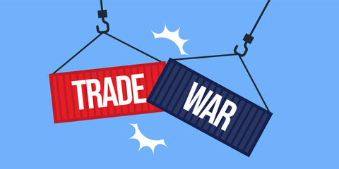Hanging containers labeled Trade and War. Vector Illustration